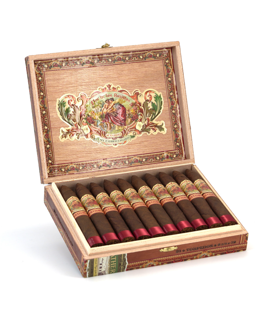 My Father Flor De Las Antillas Maduro Torpedo Cigar Box of 20 close-up from AuCigars, premium Cuban cigar