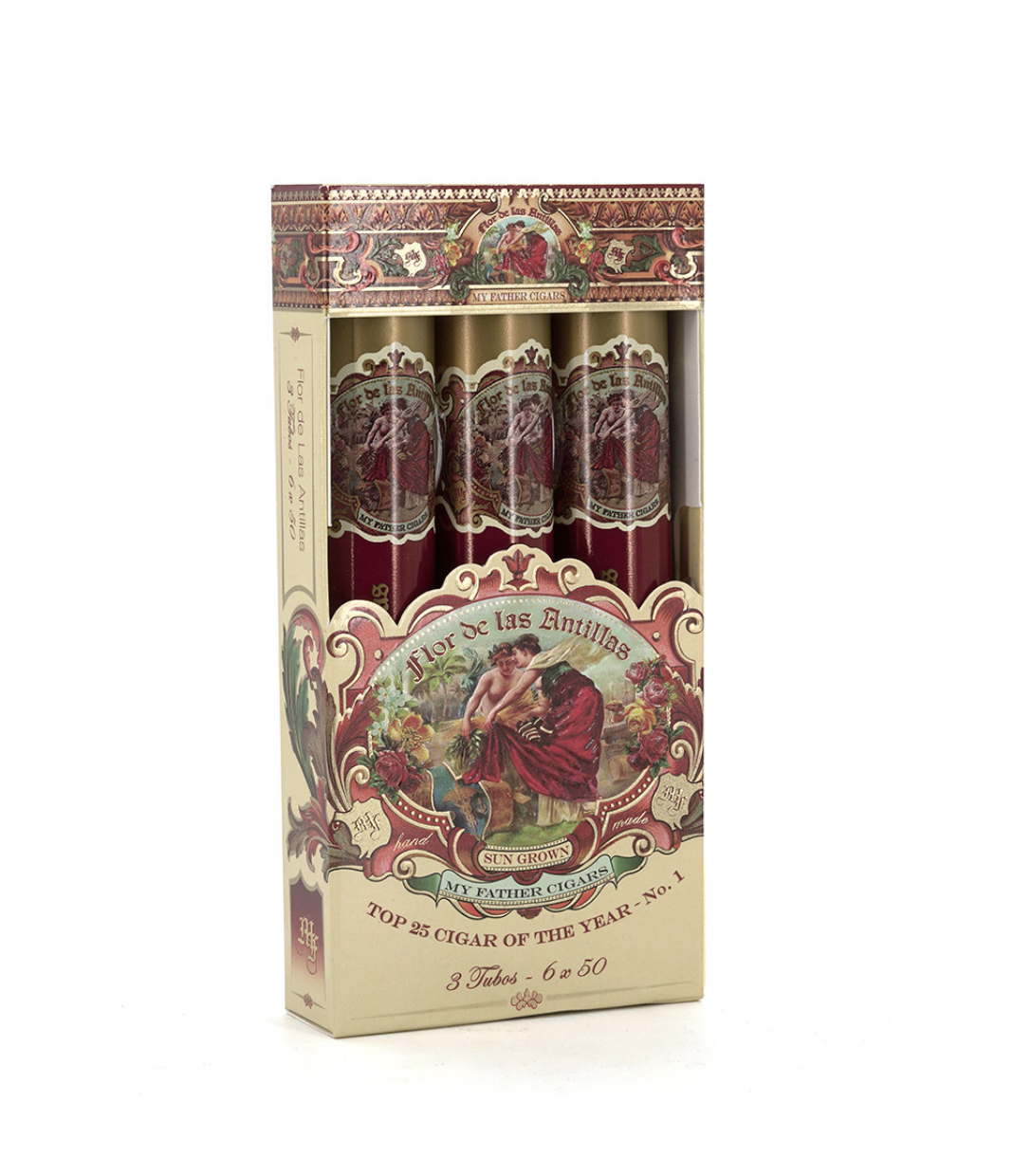 My Father Flor De Las Antillas Petaca Toro Round Cigar Box of 3 X 2 close-up from AuCigars, premium Cuban cigar