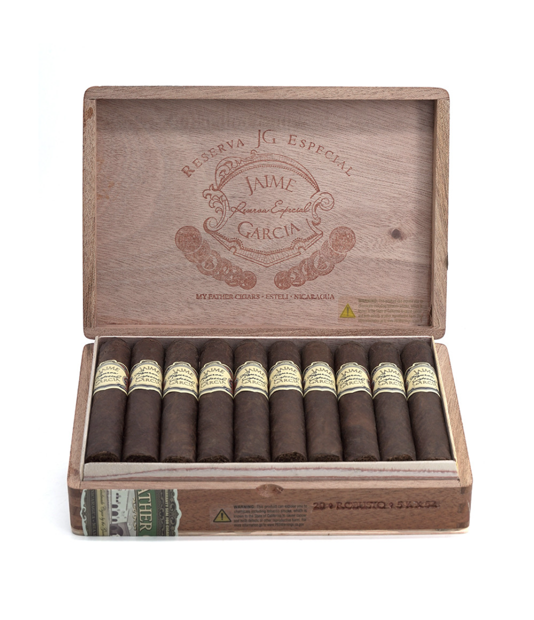 My Father Jaime Garcia Reserva Especial Robusto Cigar Box View 2 from AuCigars, premium Cuban cigar