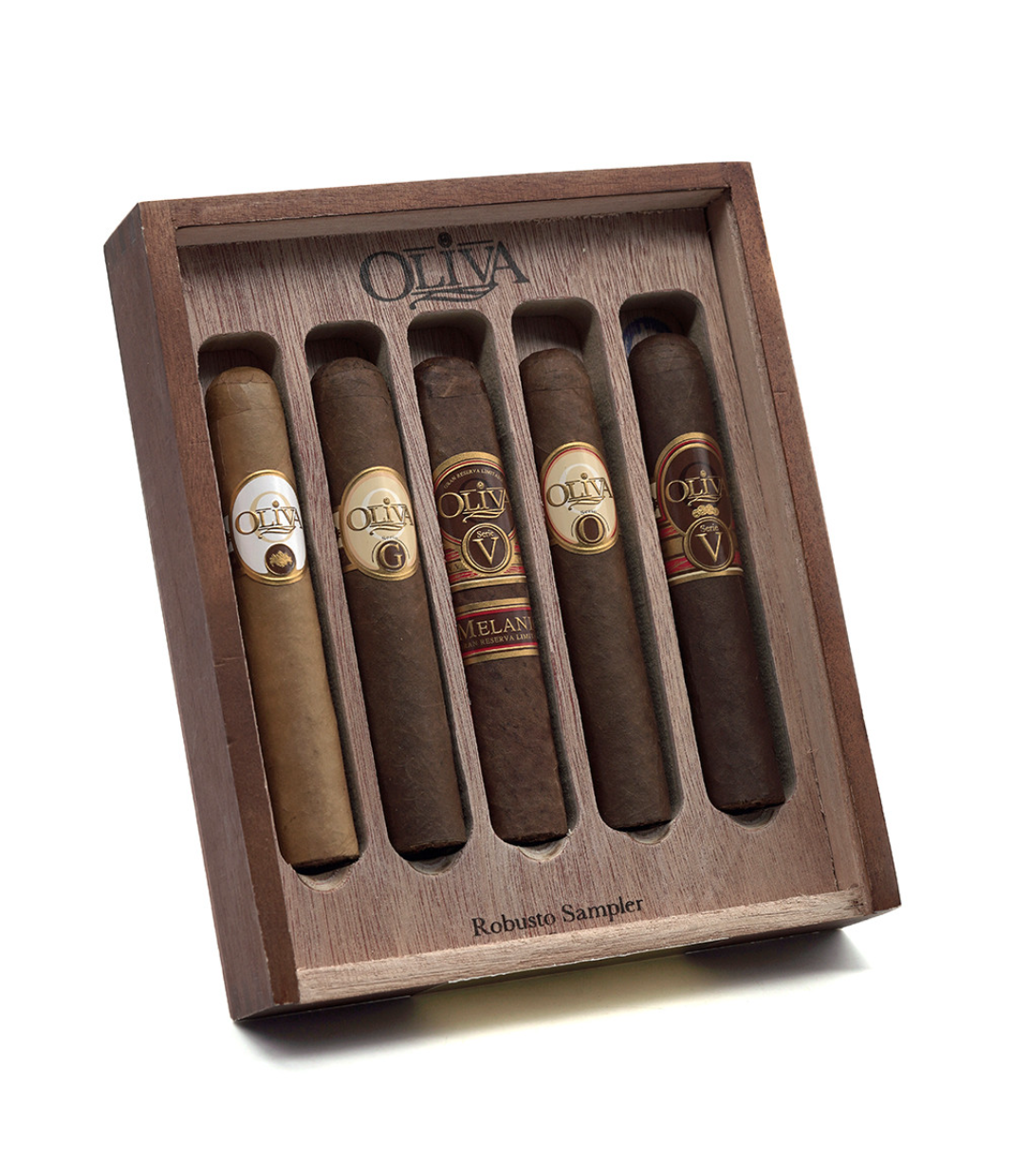 Oliva International Robusto Variety Cigar Box of 5 close-up from AuCigars, premium Cuban cigar