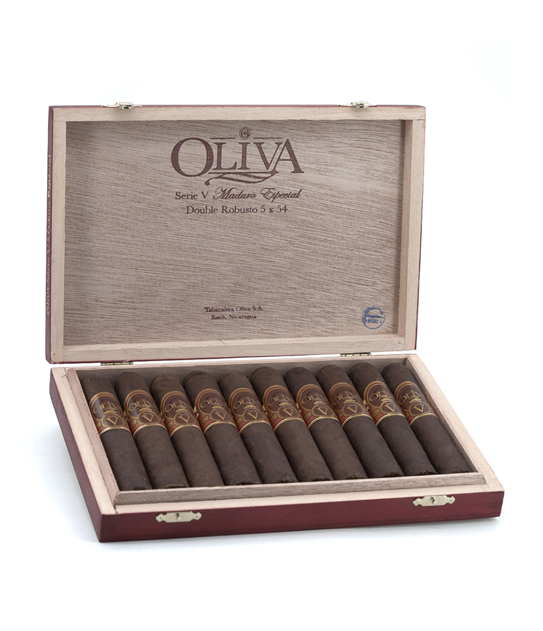 Oliva Serie V Maduro Double Robusto Cigar Box of 10 close-up from AuCigars, premium Cuban cigar