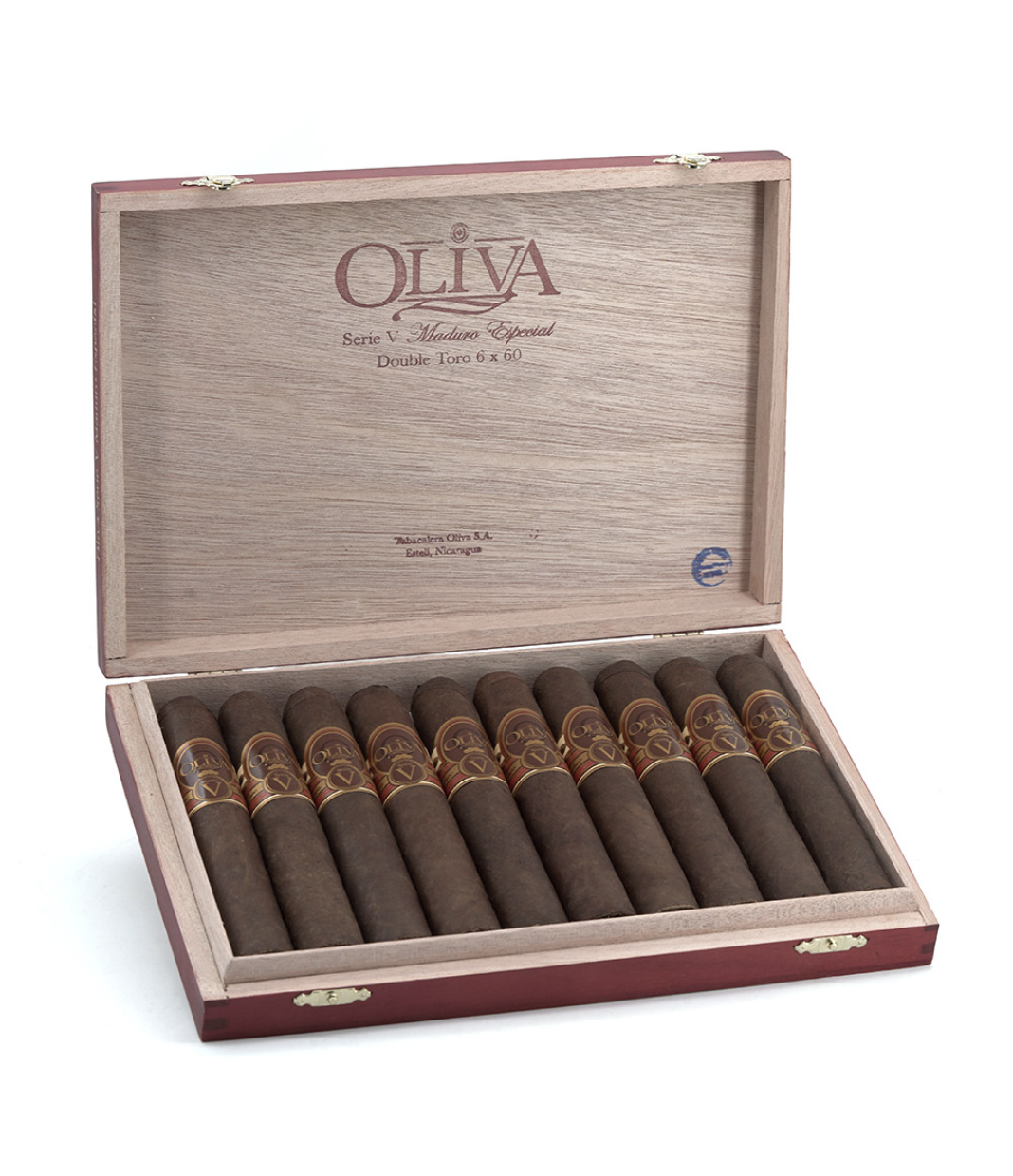 Oliva Serie V Maduro Double Toro Cigar Box of 10 close-up from AuCigars, premium Cuban cigar
