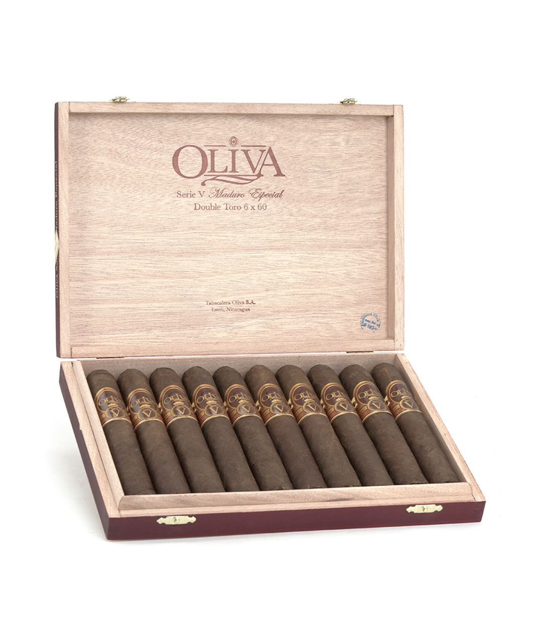 Oliva Serie V Maduro Especial Double Toro Cigar Box of 10 close-up from AuCigars, premium Cuban cigar