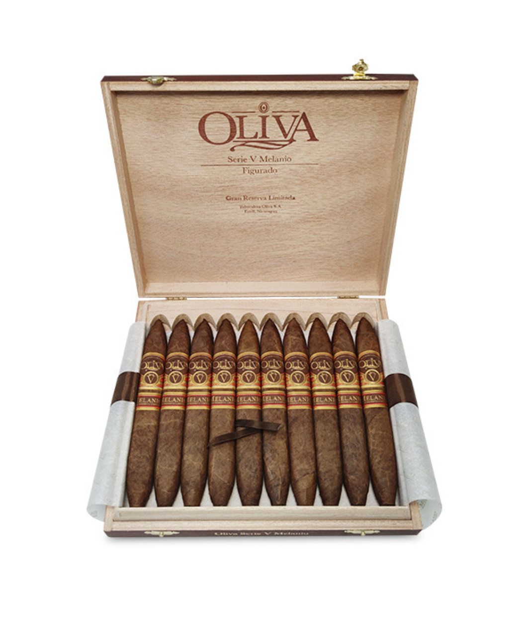Oliva Serie V Melanio Figurado Cigar Box of 10 close-up from AuCigars, premium Cuban cigar