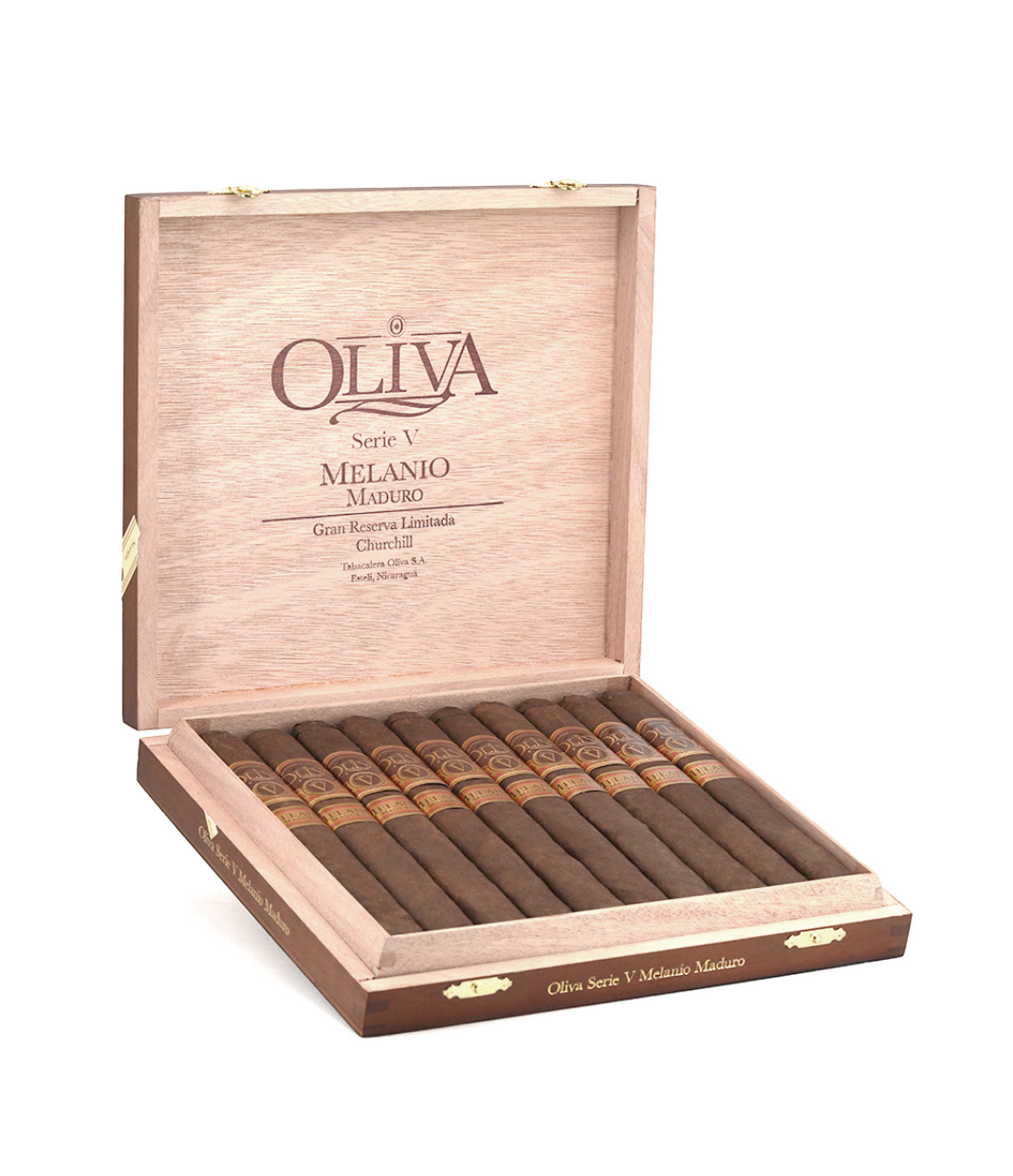Oliva Serie V Melanio Maduro Churchill Cigar Box of 10 close-up from AuCigars, premium Cuban cigar