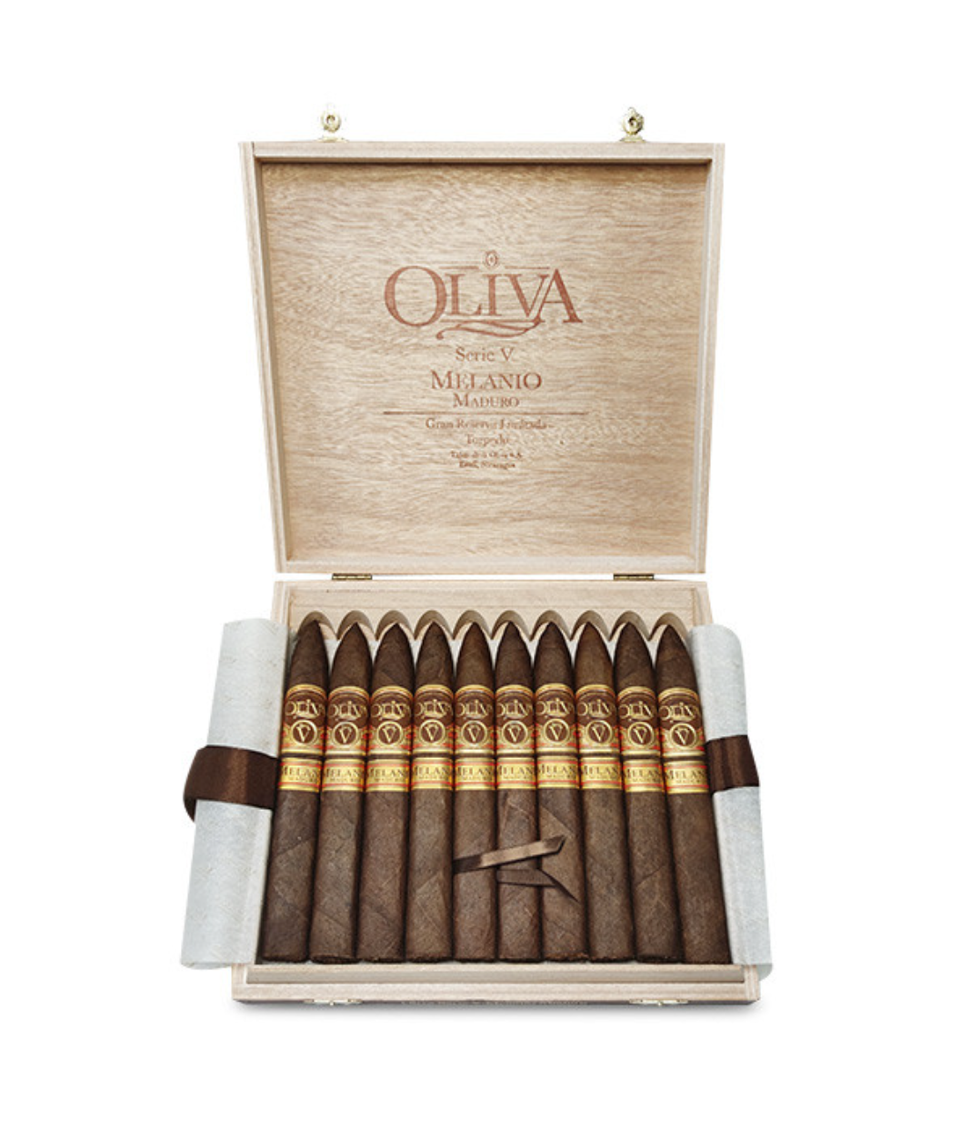 Oliva Serie V Melanio Maduro Torpedo Cigar Box of 10 close-up from AuCigars, premium Cuban cigar