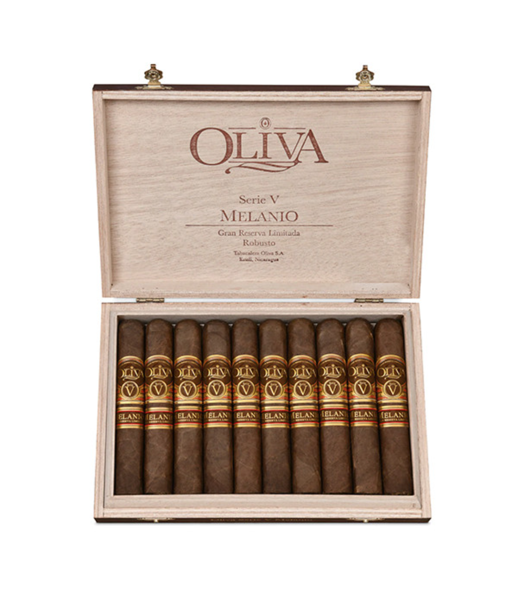 Oliva Serie V Melanio Robusto Cigar Box of 10 close-up from AuCigars, premium Cuban cigar