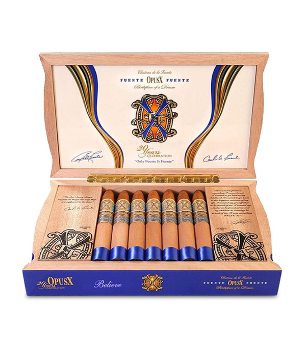 Opus X 20Th Anniversary Believe Cigar Box of 20 close-up from AuCigars, premium Cuban cigar