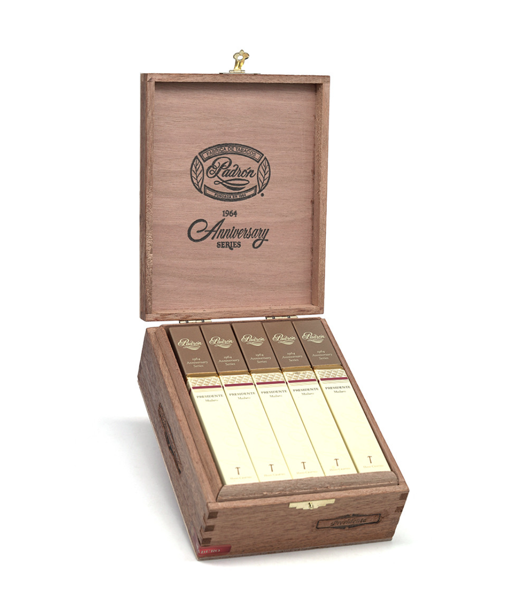 Padron 1964 Anniversary Series Presidente Maduro Tubo Cigar Box of 15 close-up from AuCigars, premium Cuban cigar