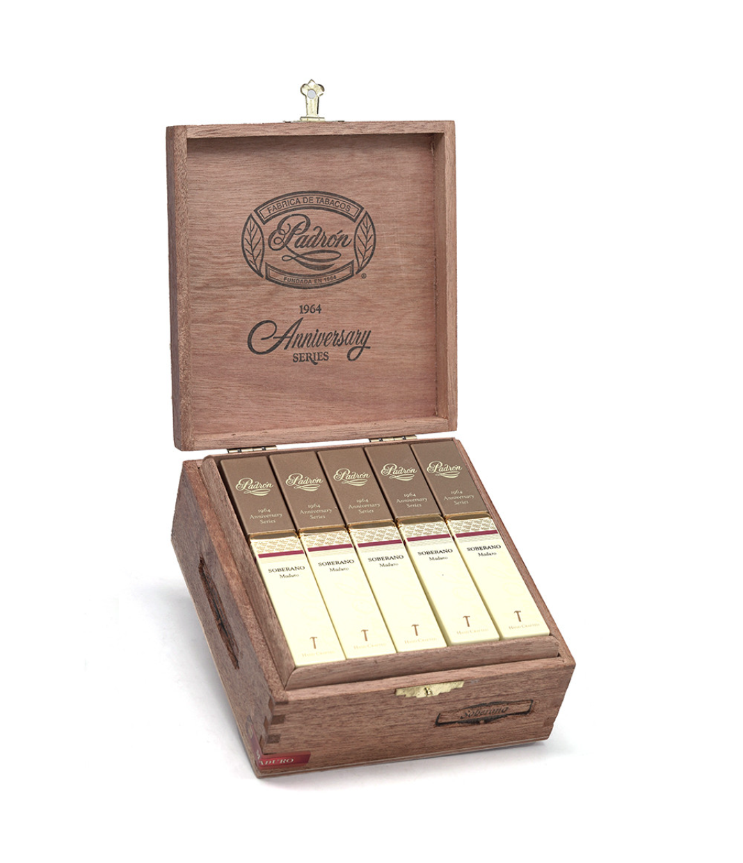 Padron 1964 Anniversary Series Soberano Tubo Maduro Cigar Box of 15 close-up from AuCigars, premium Cuban cigar