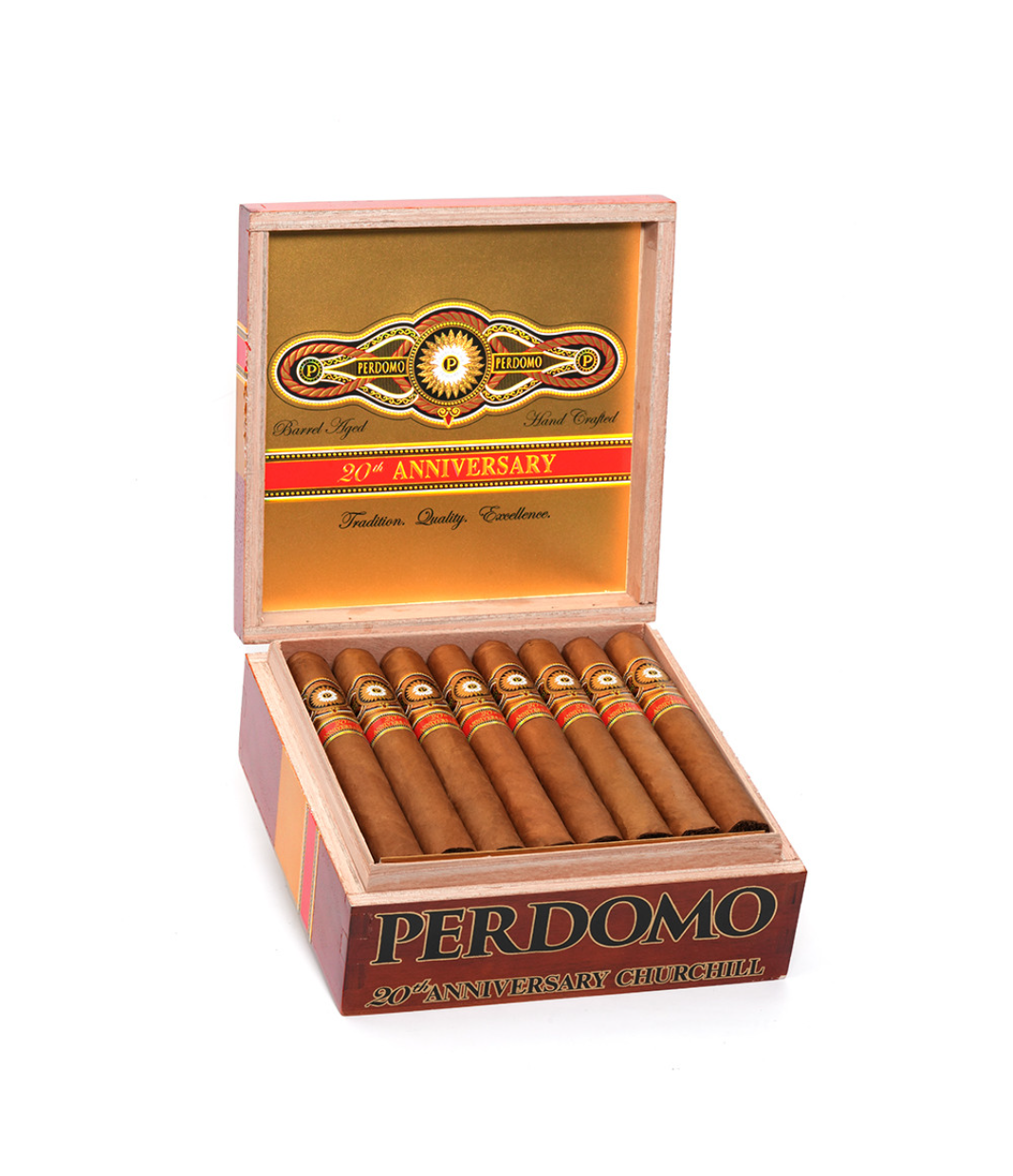 Perdomo 20th Anniversary Connecticut Churchill Cigar Box of 24 close-up from AuCigars, premium Cuban cigar