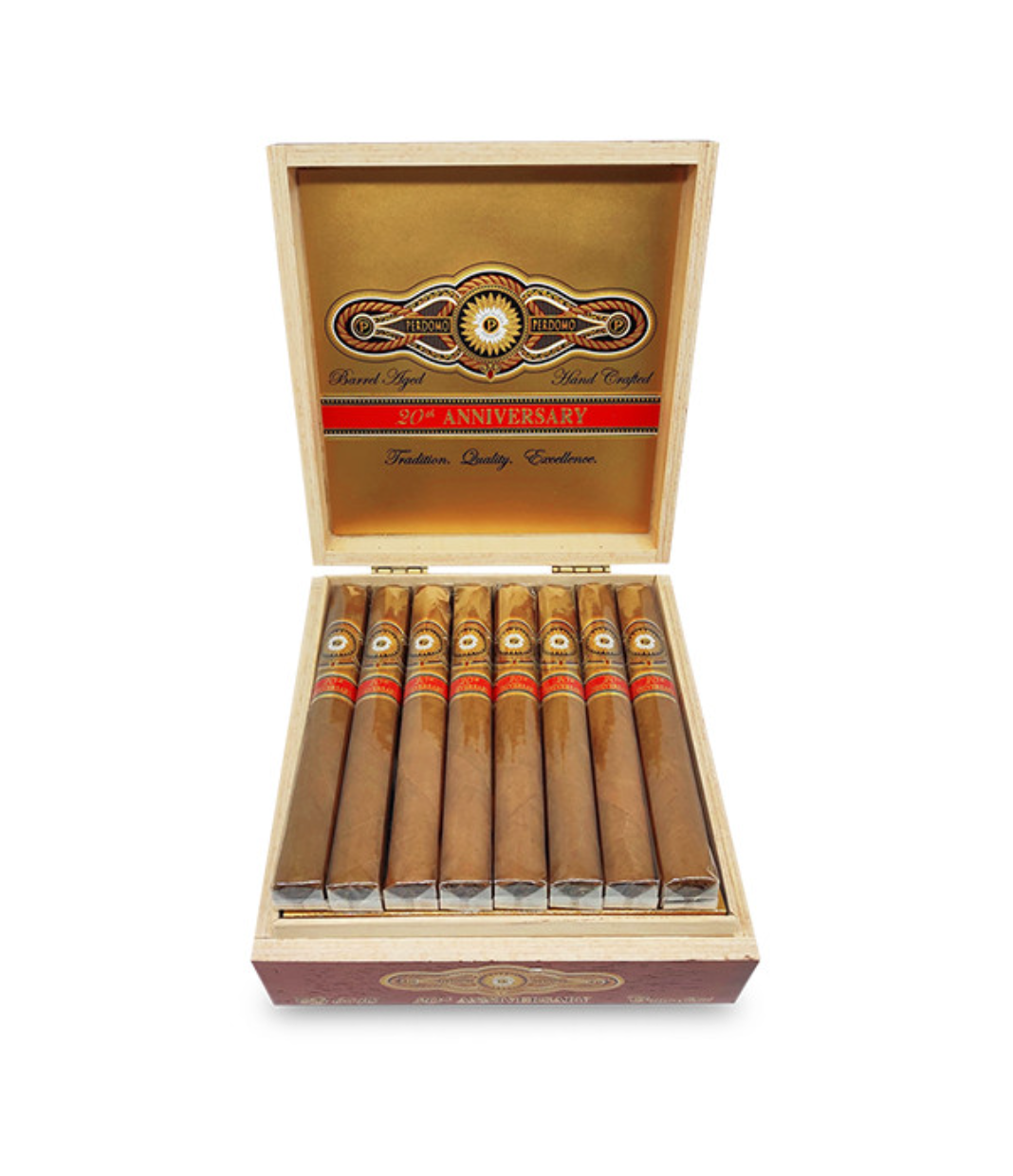 Perdomo 20th Anniversary Connecticut Corona Grande CG6548 Cigar Box of 24 close-up from AuCigars, premium Cuban cigar