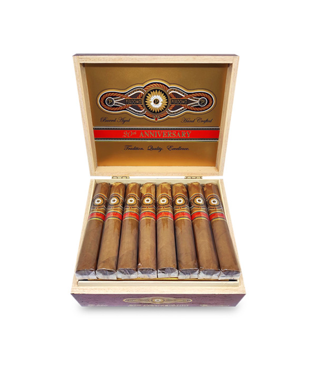 Perdomo 20th Anniversary Connecticut Gordo Cigar Box of 24 close-up from AuCigars, premium Cuban cigar