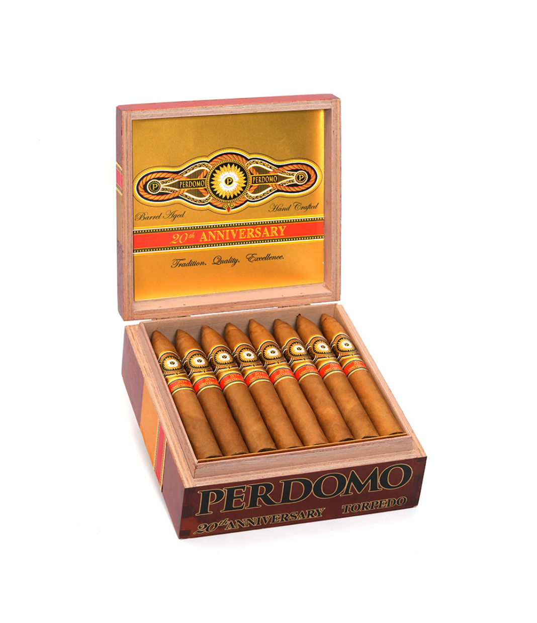 Perdomo 20th Anniversary Connecticut Torpedo T6554 Cigar Box of 24 close-up from AuCigars, premium Cuban cigar