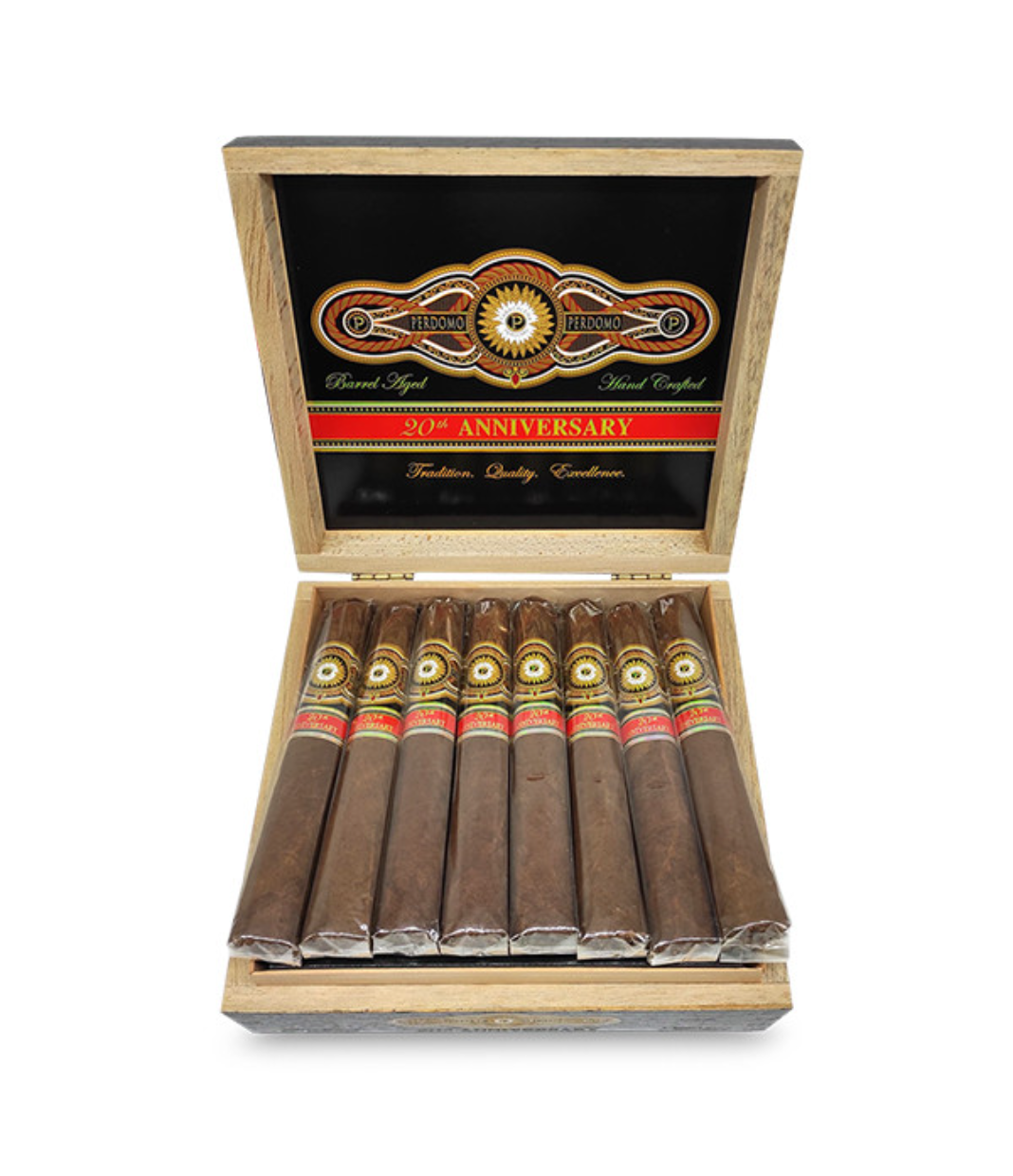 Perdomo 20th Anniversary Maduro Pyramid Cigar Box of 24 close-up from AuCigars, premium Cuban cigar