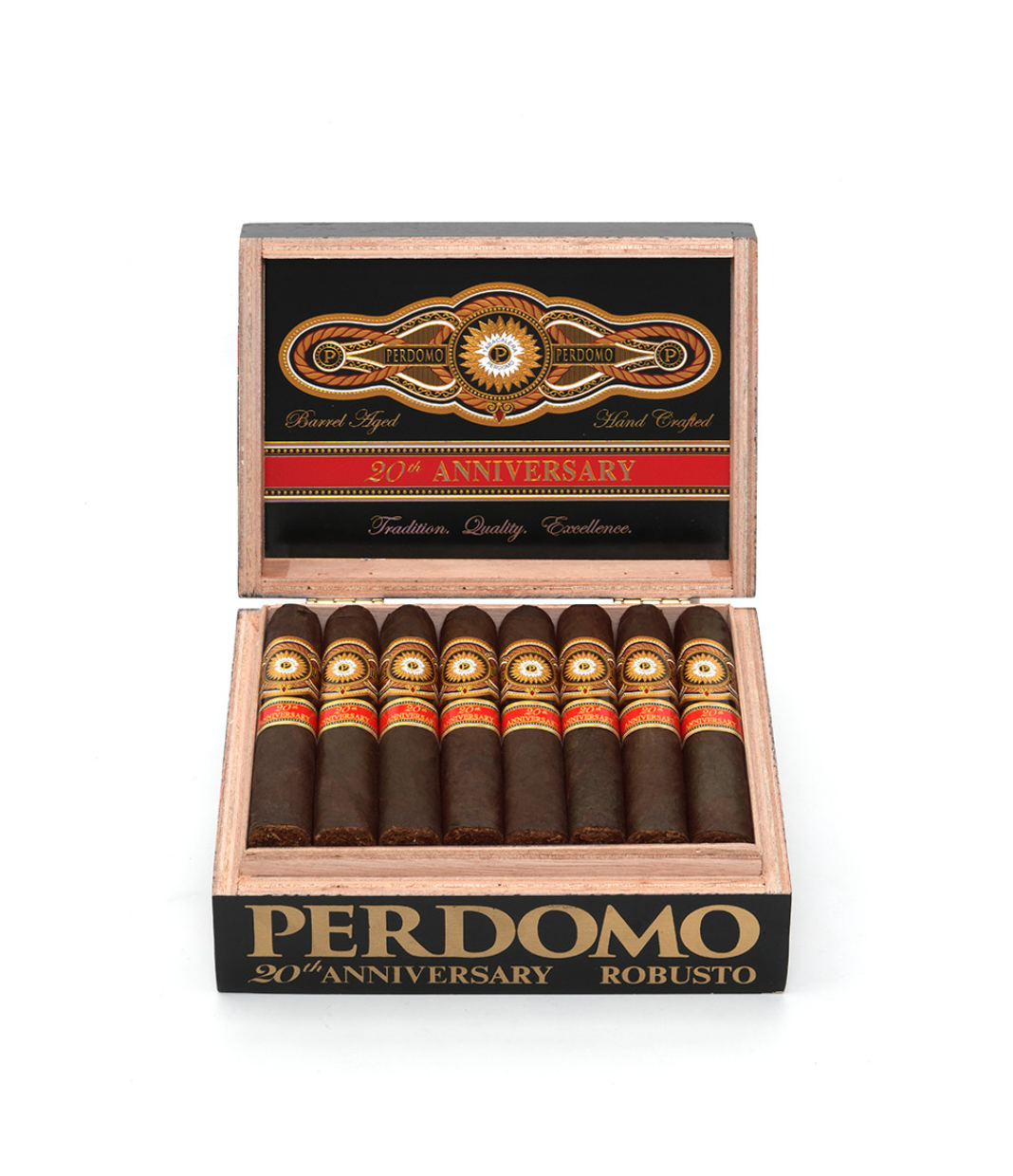 Perdomo 20th Anniversary Maduro R556 Cigar Box of 24 close-up from AuCigars, premium Cuban cigar