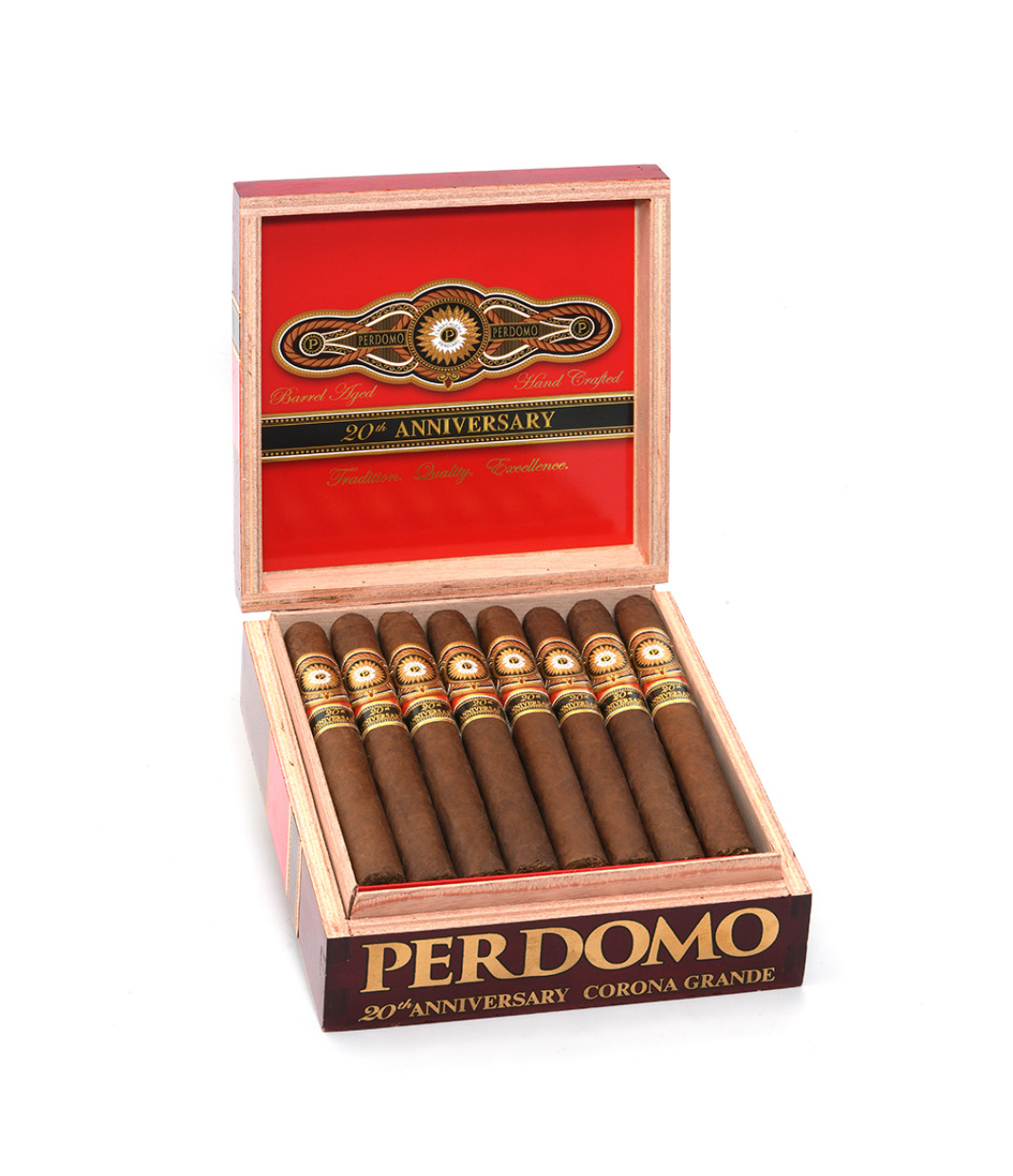 Perdomo 20th Anniversary Sun Grown Corona Grande CG6548 Cigar Box of 24 close-up from AuCigars, premium Cuban cigar