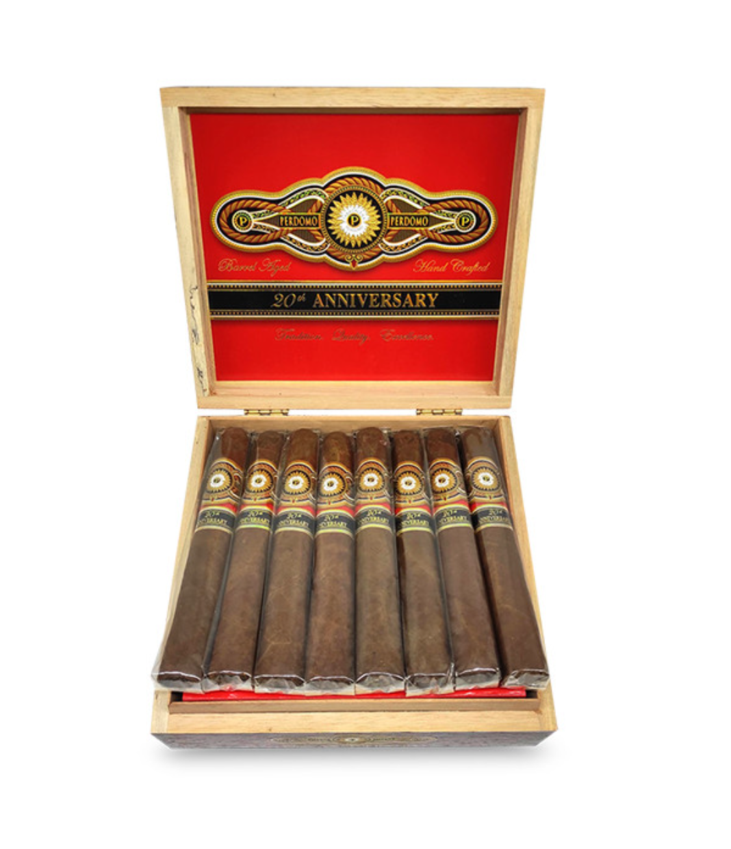 Perdomo 20th Anniversary Sun Grown Pyramid Cigar Box of 24 close-up from AuCigars, premium Cuban cigar