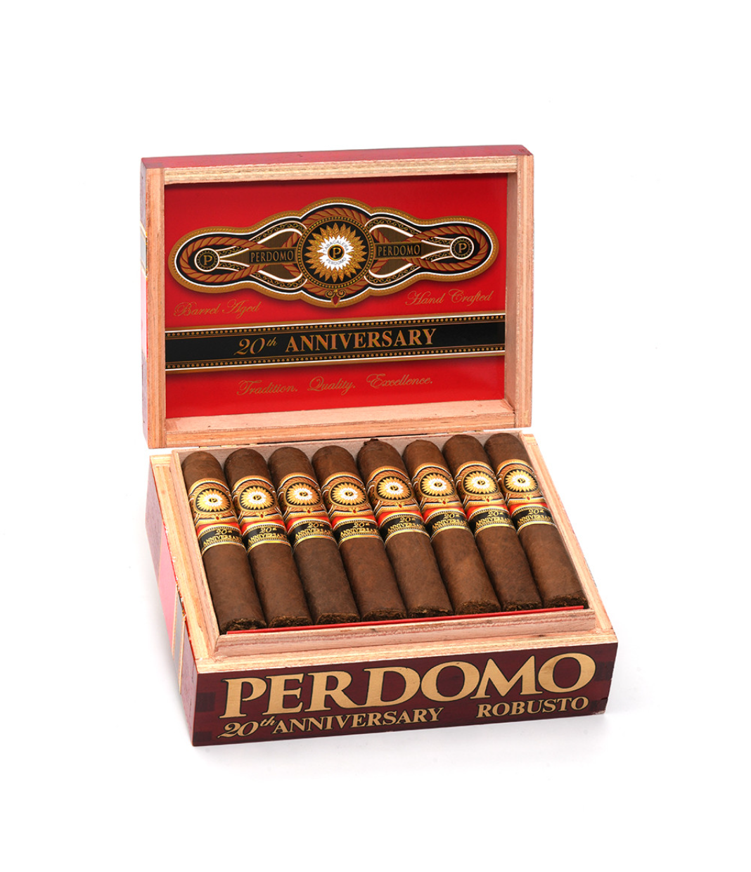 Perdomo 20th Anniversary Sun Grown Robusto R556 Cigar Box of 24 close-up from AuCigars, premium Cuban cigar