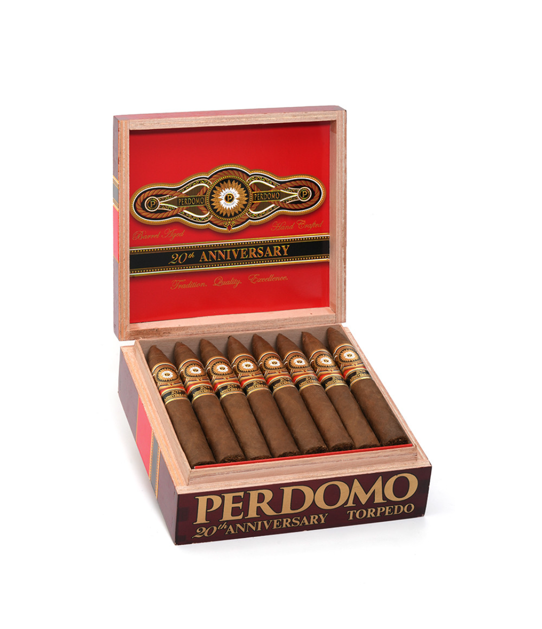 Perdomo 20th Anniversary Sun Grown Torpedo T6554 Cigar Box of 24 close-up from AuCigars, premium Cuban cigar
