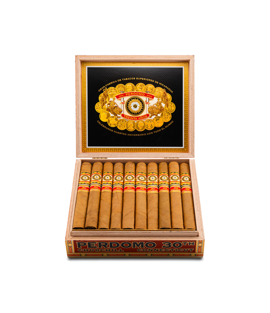 Perdomo 30th Anniversary Connecticut Box-Pressed Churchill Cigar Box View 2 from AuCigars, premium Cuban cigar