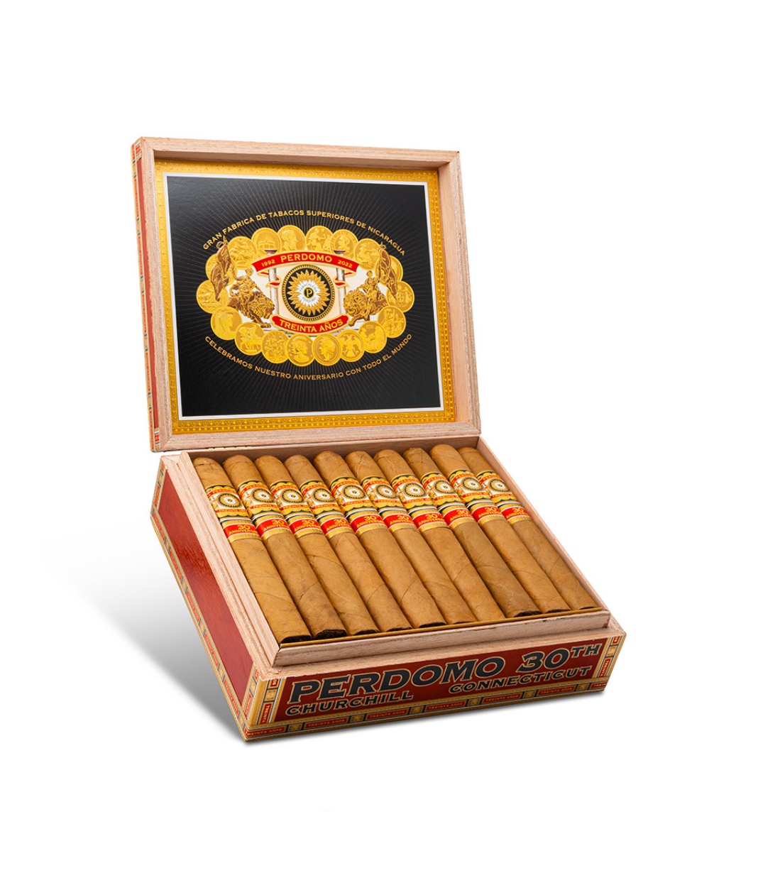 Perdomo 30th Anniversary Connecticut Box-Pressed Churchill Cigar Box of 30 close-up from AuCigars, premium Cuban cigar