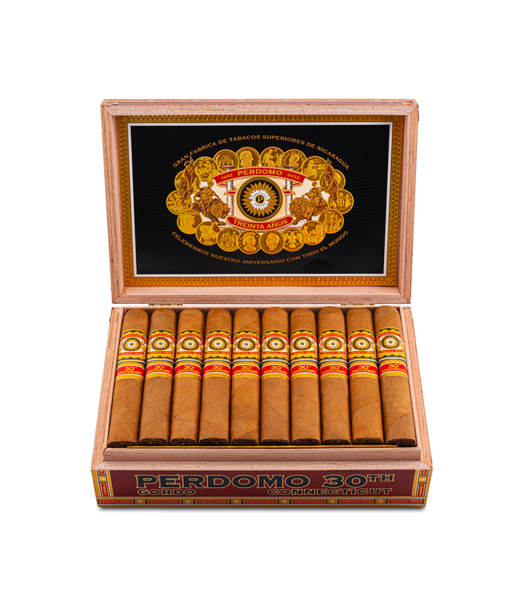 Perdomo 30th Anniversary Connecticut Box-Pressed Gordo Cigar Box View 2 from AuCigars, premium Cuban cigar