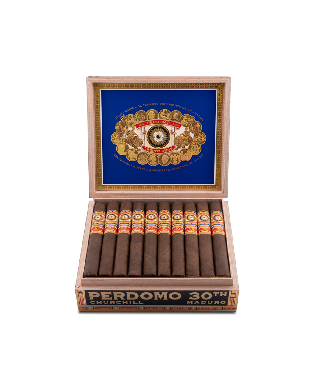 Perdomo 30th Anniversary Maduro Box-Pressed Churchill Cigar Box View 2 from AuCigars, premium Cuban cigar