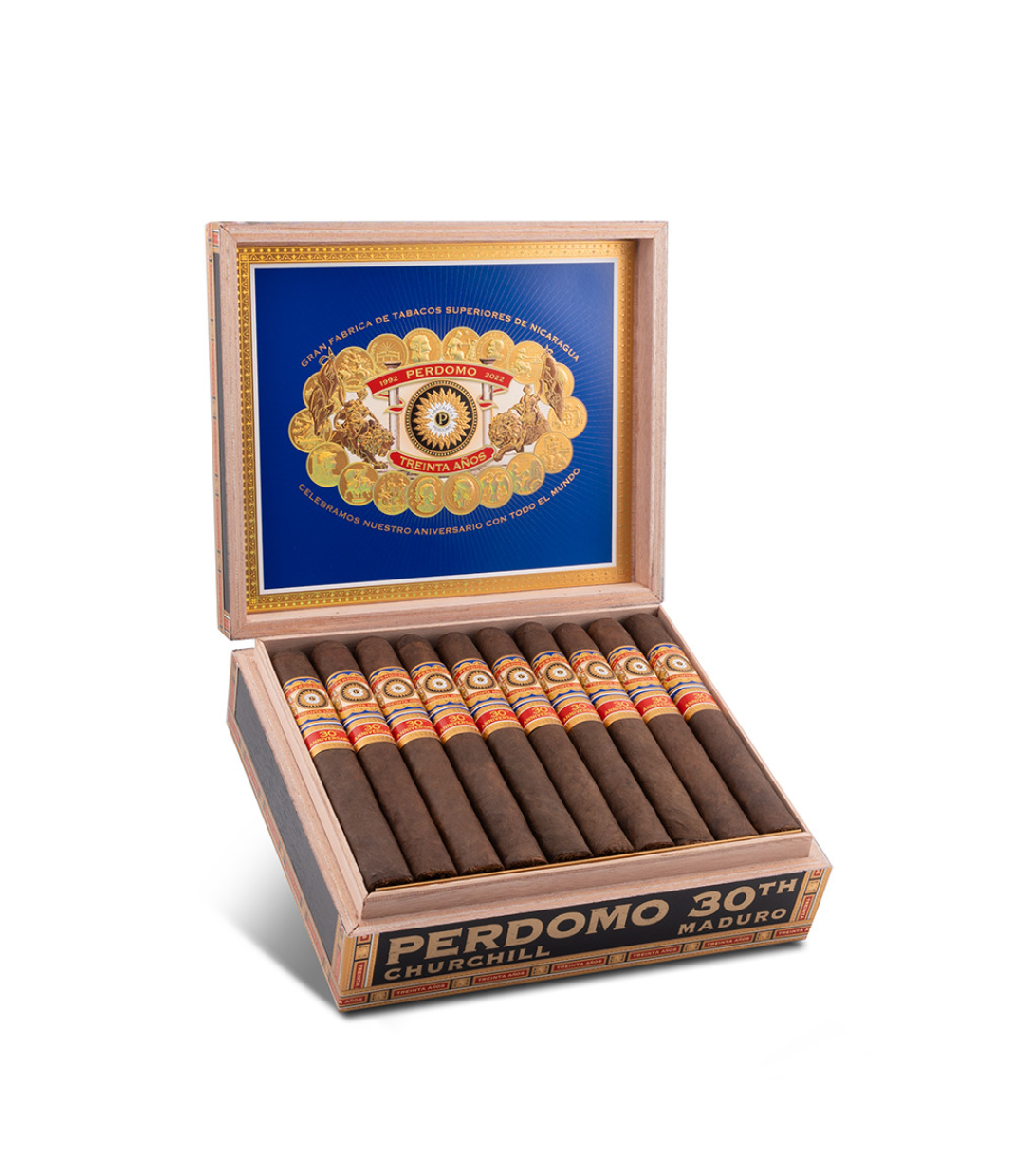 Perdomo 30th Anniversary Maduro Box-Pressed Churchill Cigar Box of 30 close-up from AuCigars, premium Cuban cigar