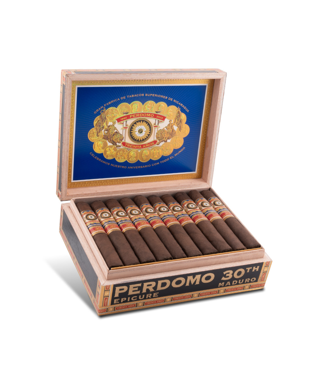 Perdomo 30th Anniversary Maduro Box-Pressed Epicure Cigar Box of 30 close-up from AuCigars, premium Cuban cigar