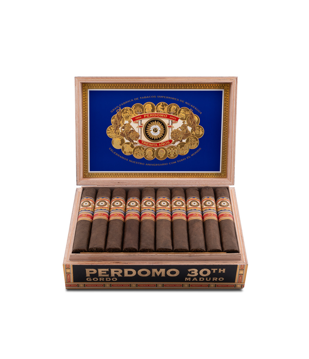 Perdomo 30th Anniversary Maduro Box-Pressed Gordo Cigar Box View 2 from AuCigars, premium Cuban cigar