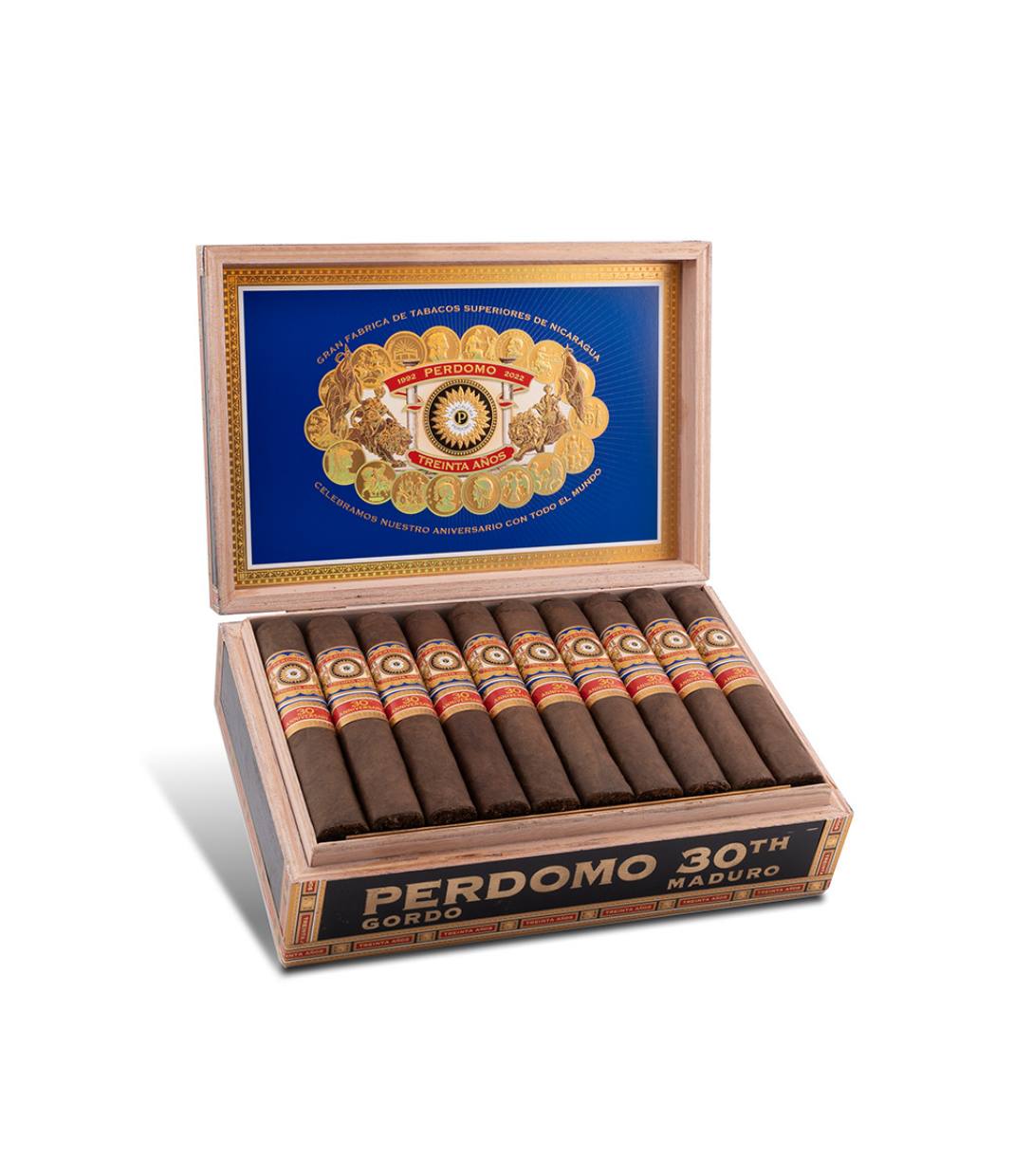Perdomo 30th Anniversary Maduro Box-Pressed Gordo Cigar Box of 30 close-up from AuCigars, premium Cuban cigar