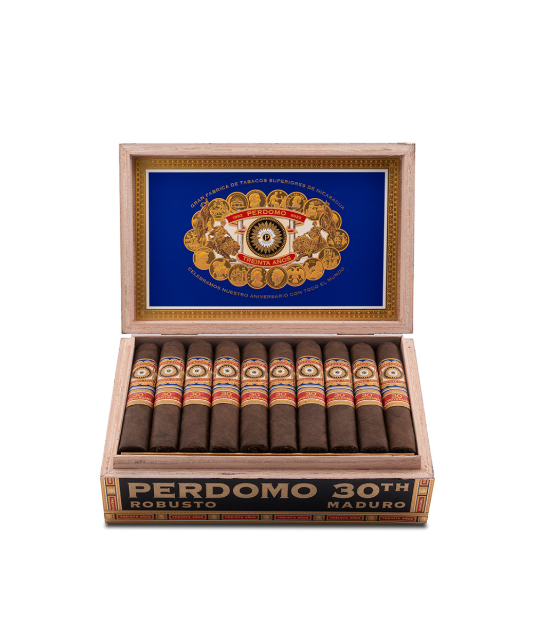 Perdomo 30th Anniversary Maduro Box-Pressed Robusto Cigar Box View 2 from AuCigars, premium Cuban cigar
