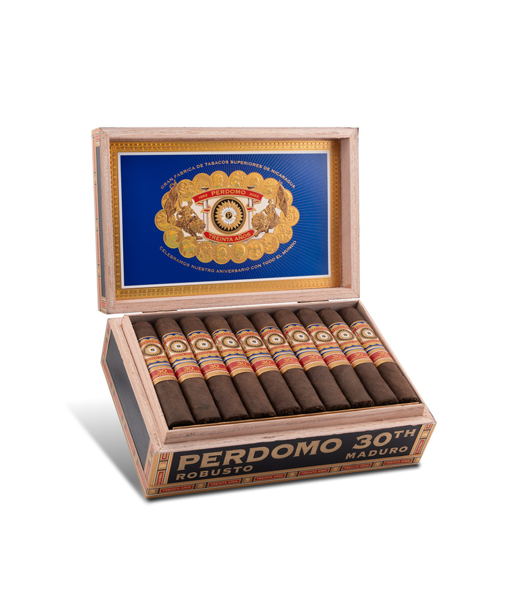 Perdomo 30th Anniversary Maduro Box-Pressed Robusto Cigar Box of 30 close-up from AuCigars, premium Cuban cigar