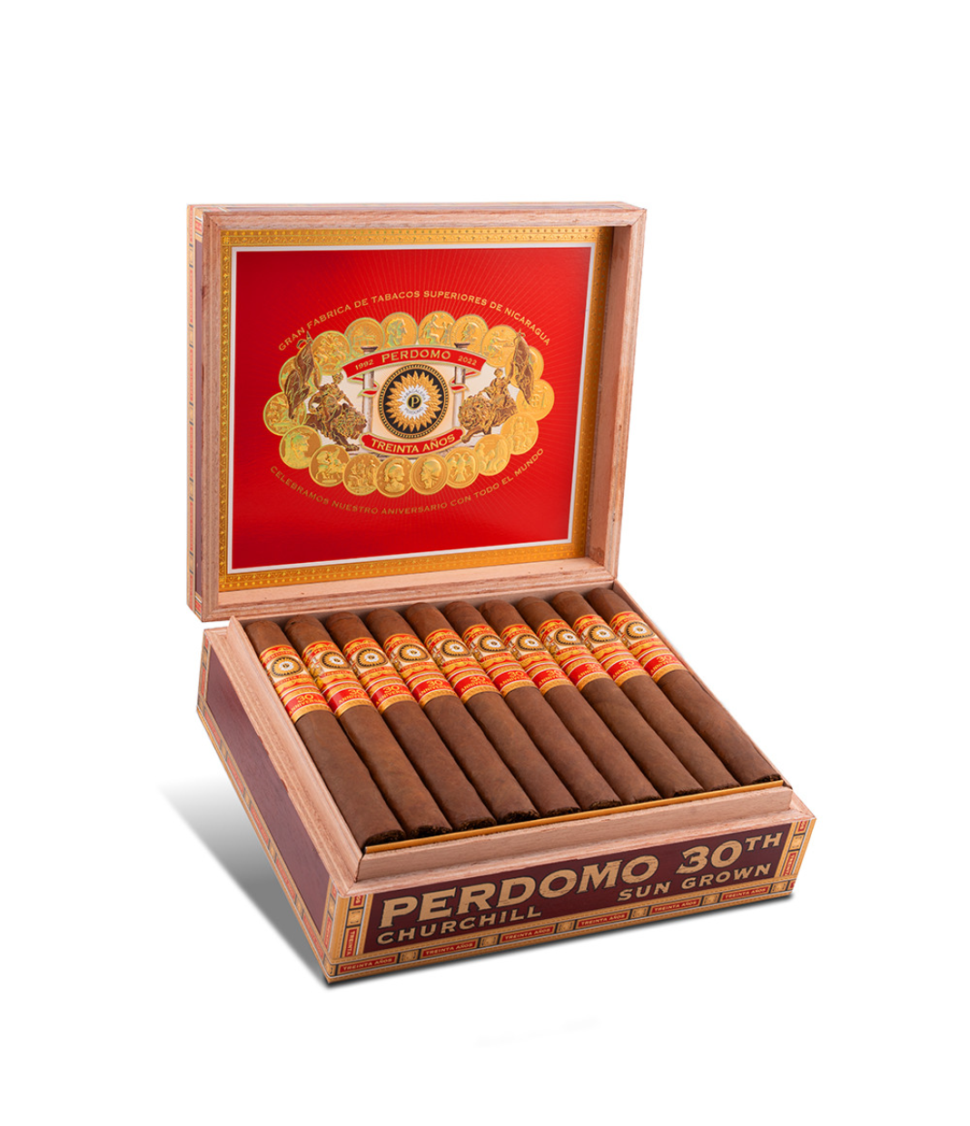 Perdomo 30th Anniversary Sun Grown Box-Pressed Churchill Cigar Box of 30 close-up from AuCigars, premium Cuban cigar