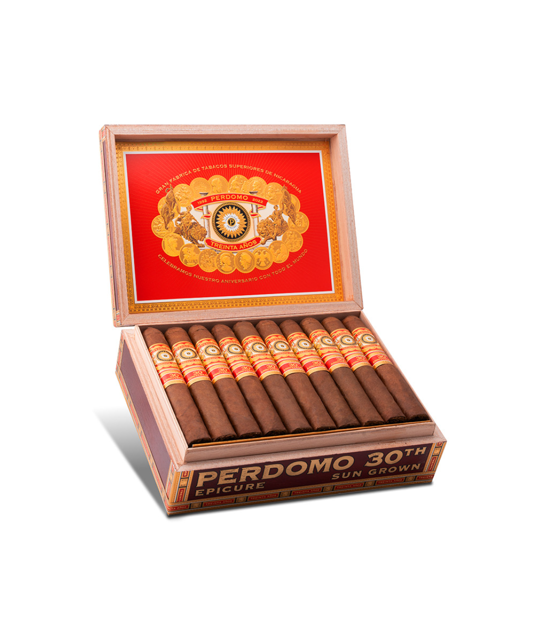 Perdomo 30th Anniversary Sun Grown Box-Pressed Epicure Cigar Box of 30 close-up from AuCigars, premium Cuban cigar