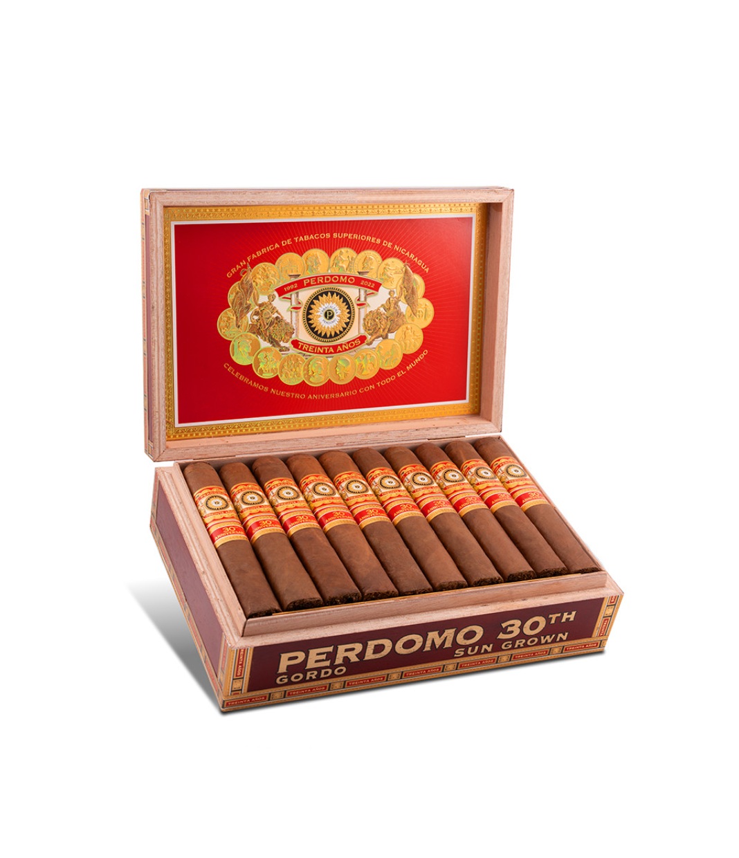 Perdomo 30th Anniversary Sun Grown Box-Pressed Gordo Cigar Box of 30 close-up from AuCigars, premium Cuban cigar