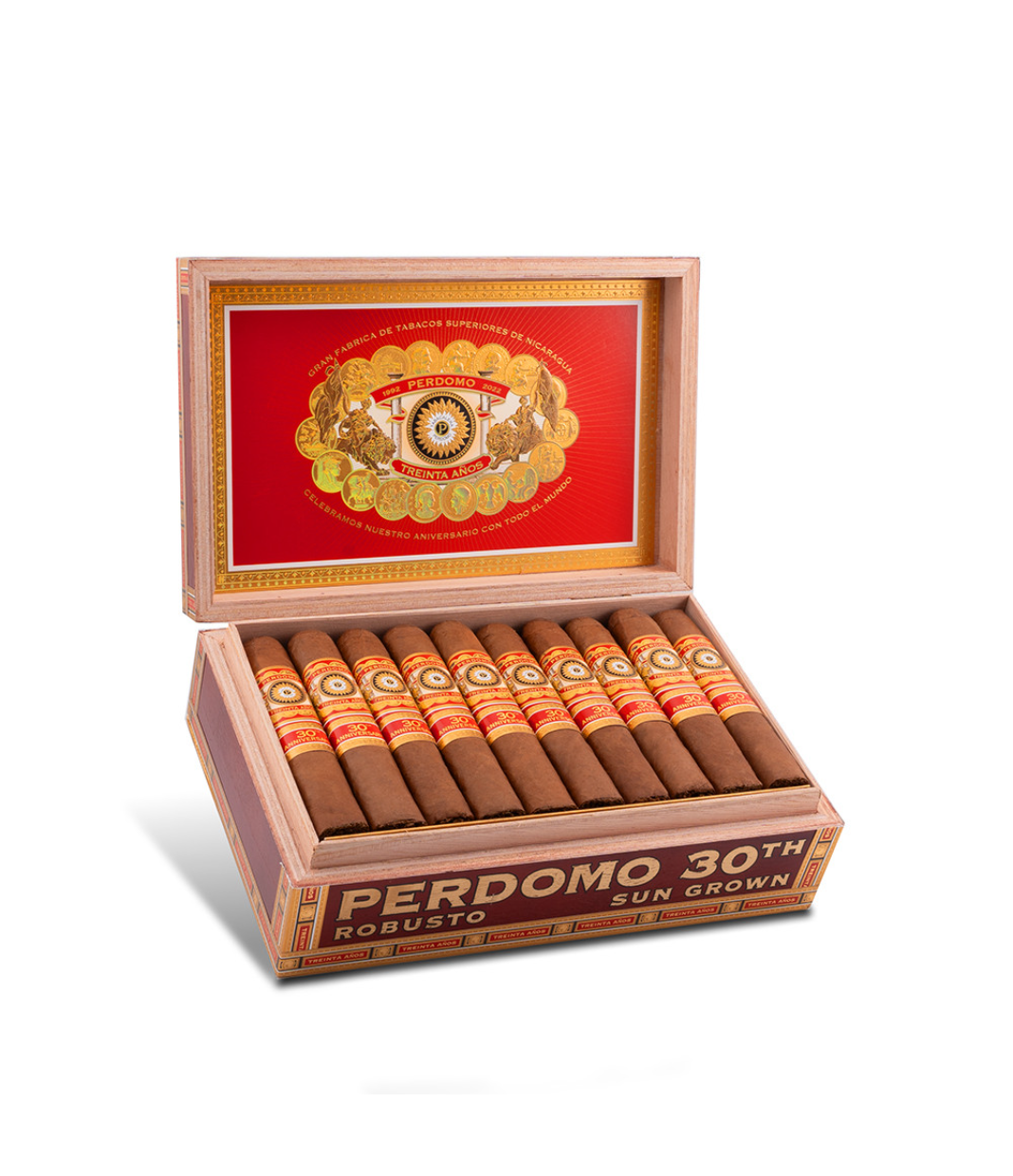 Perdomo 30th Anniversary Sun Grown Box-Pressed Robusto Cigar Box of 30 close-up from AuCigars, premium Cuban cigar