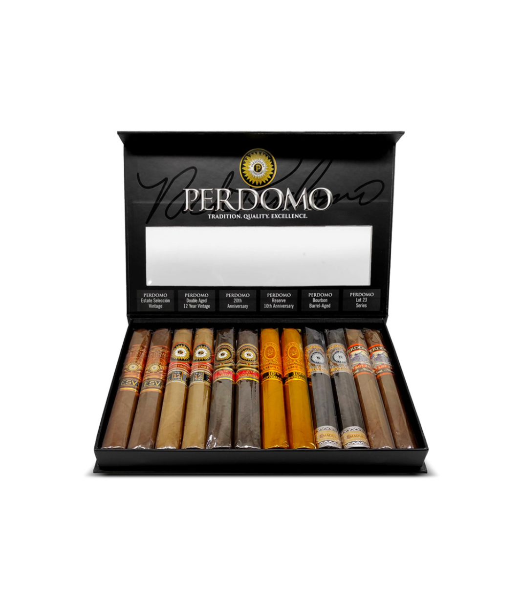 Perdomo Connoisseur Award Winning Collection Sampler Cigar Box of 12 close-up from AuCigars, premium Cuban cigar
