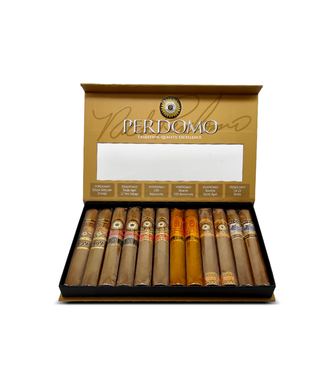 Perdomo Connoisseur Connecticut Collection Sampler Cigar Box of 12 close-up from AuCigars, premium Cuban cigar
