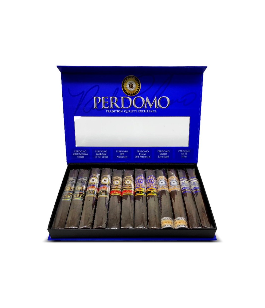 Perdomo Connoisseur Maduro Collection Sampler Cigar Box of 12 close-up from AuCigars, premium Cuban cigar
