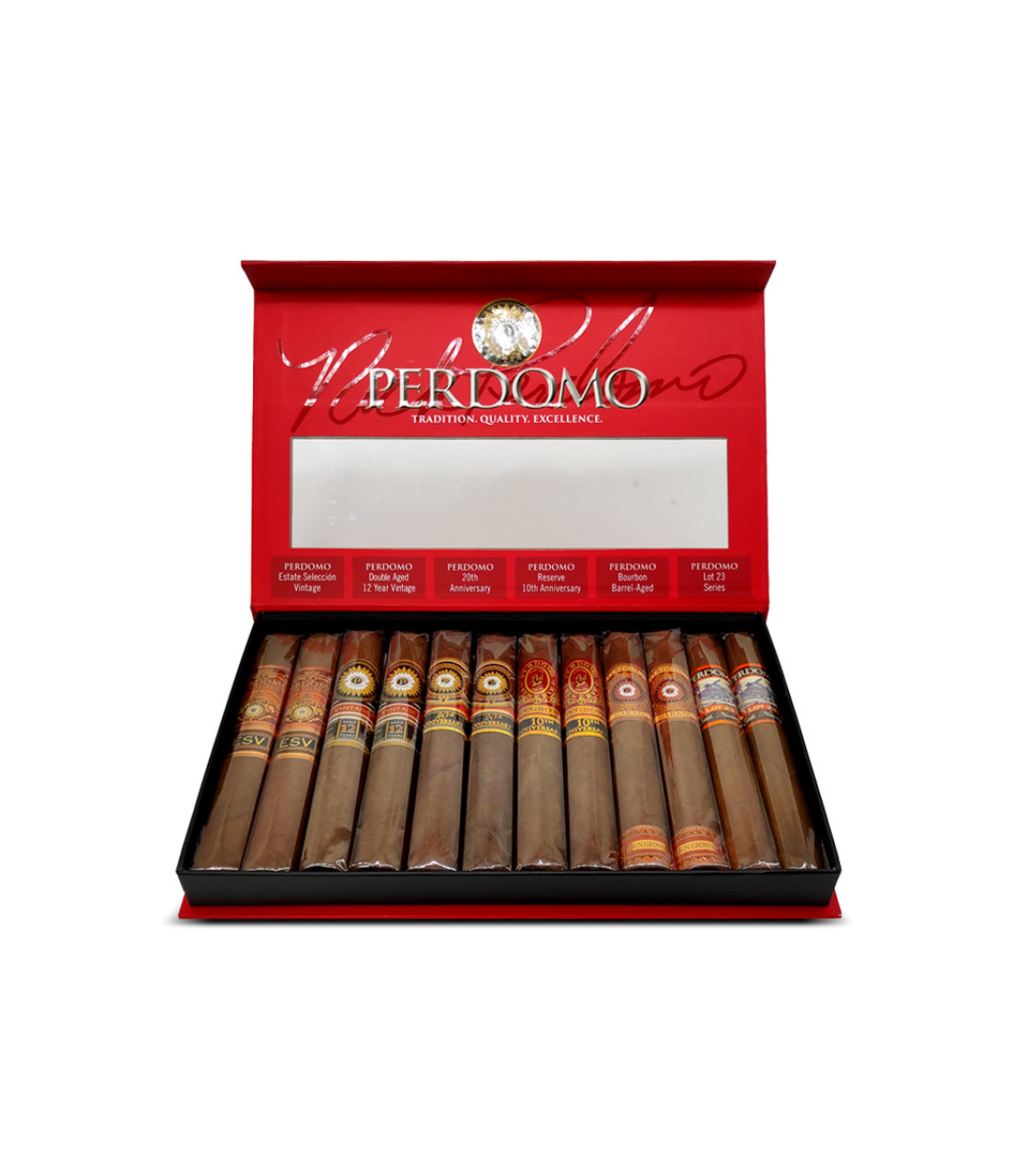 Perdomo Connoisseur Sun Grown Collection Sampler Cigar Box of 12 close-up from AuCigars, premium Cuban cigar