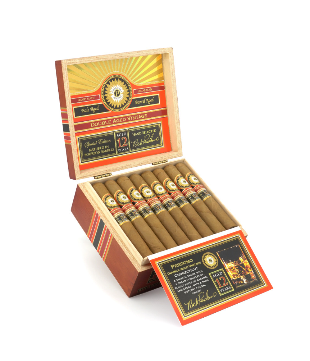 Perdomo Double Aged 12 Year Vintage Connecticut Epicure Cigar Box of 24 close-up from AuCigars, premium Cuban cigar