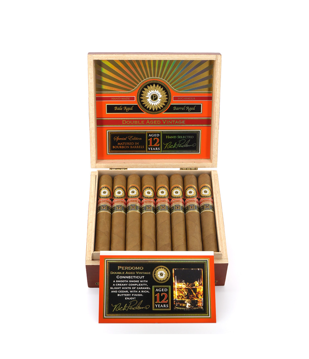 Perdomo Double Aged 12 Year Vintage Connecticut Gordo Extra Cigar Box View 2 from AuCigars, premium Cuban cigar