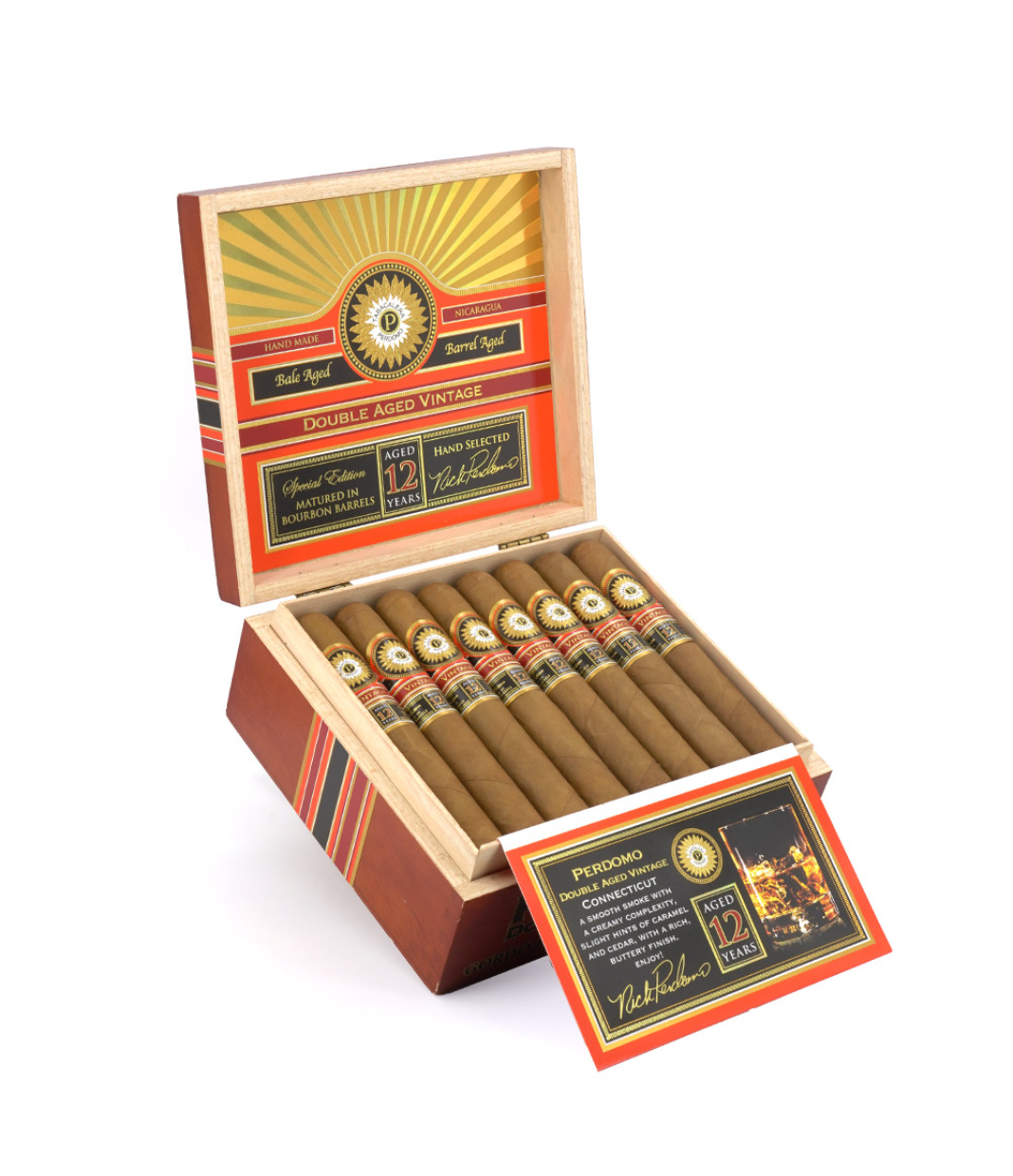 Perdomo Double Aged 12 Year Vintage Connecticut Gordo Extra Cigar Box of 24 close-up from AuCigars, premium Cuban cigar