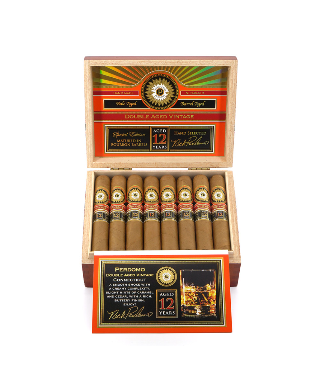 Perdomo Double Aged 12 Year Vintage Connecticut Robusto Cigar Box View 2 from AuCigars, premium Cuban cigar