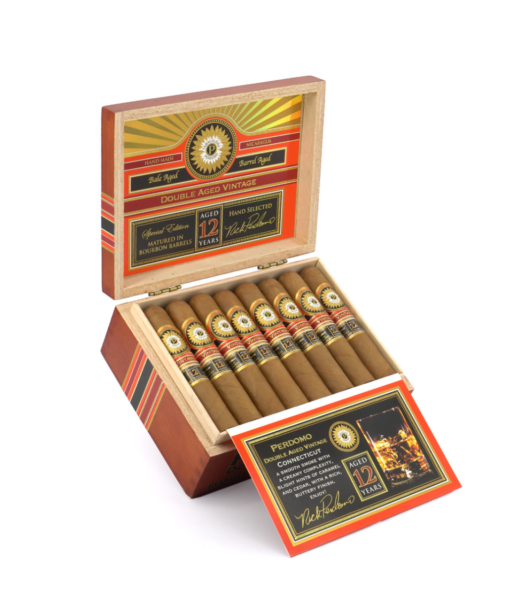 Perdomo Double Aged 12 Year Vintage Connecticut Robusto Cigar Box of 24 close-up from AuCigars, premium Cuban cigar