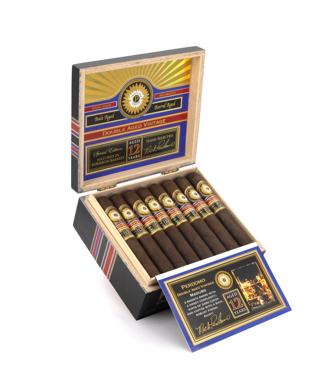 Perdomo Double Aged 12 Year Vintage Maduro Epicure Cigar Box of 24 close-up from AuCigars, premium Cuban cigar