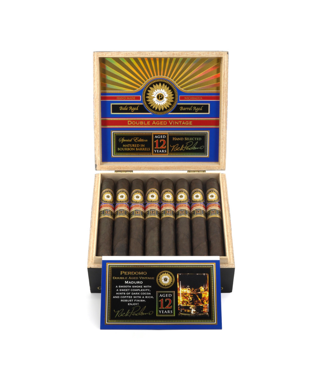 Perdomo Double Aged 12 Year Vintage Maduro Gordo Extra Cigar Box View 2 from AuCigars, premium Cuban cigar
