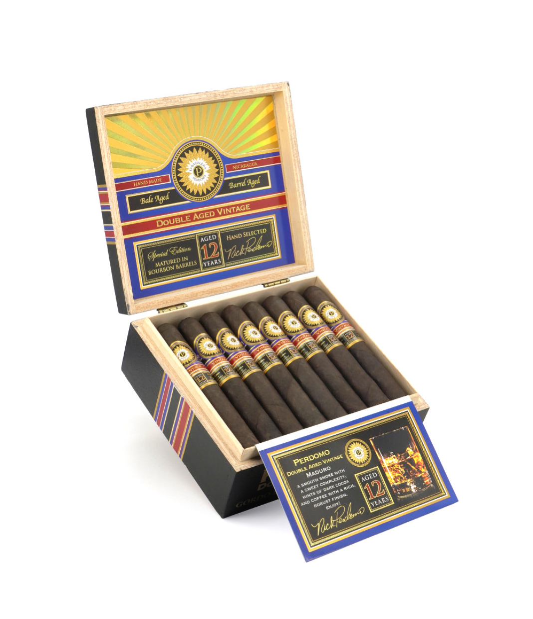 Perdomo Double Aged 12 Year Vintage Maduro Gordo Extra Cigar Box of 24 close-up from AuCigars, premium Cuban cigar